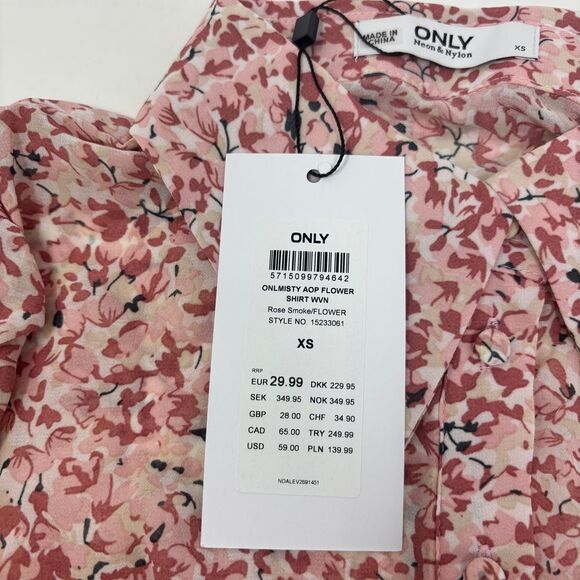 Only Shirt Women's Extra Small Pink Onlmisty Flower Button Front Dagger Collar - Picture 7 of 10